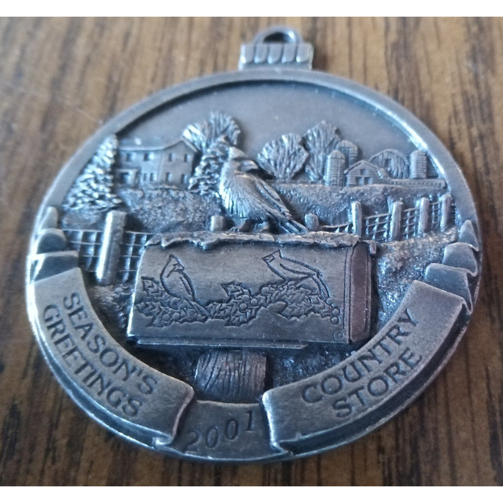 2001 Pewter Christmas Ornament Seasons Greetings Country Store 1 7/8" Round
